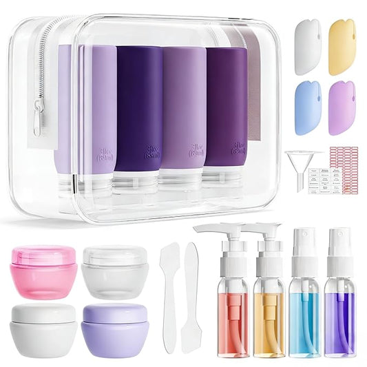 Muslish 21 Pack Travel Bottles for Toiletries, Leak-Proof TSA Compliant Silicone Travel Size Containers for Shampoo and Conditioner, BPA Free with Toiletry Bag (Purple)