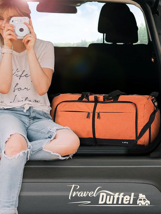 Lekesky Foldable Travel Duffel Bag for Women, 80L Large Duffle Bag with Separate Shoes Compartments & Straps, Carry On Weekend Bag for Women, Hospital, Overnight(Orange)
