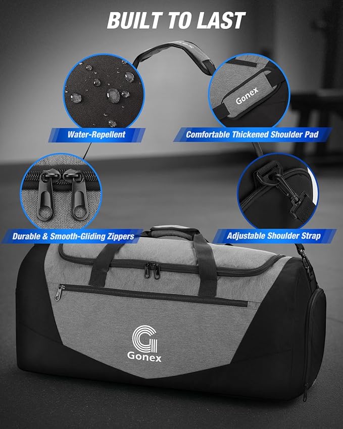 Gonex Gym Duffel Bag with Shoe Compartment Wet Pocket, Large Capacity Sports Duffle Bag for Men Women, Workout & Travel Bag with Multiple Pockets, Black/Gray, Small (30L)