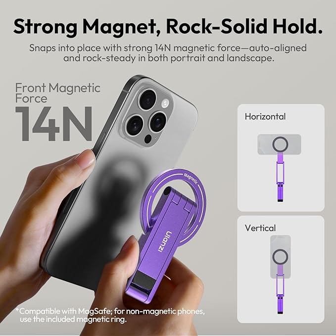ULANZI MA60 Magnetic Phone Tripod Stand for iPhone - Aluminium Smartphone Mini Tripod Pocket Cell Phone Stand Strong Magnet Quick Mount Compatible with iPhone 16 15 14 13 14 Series, Purple