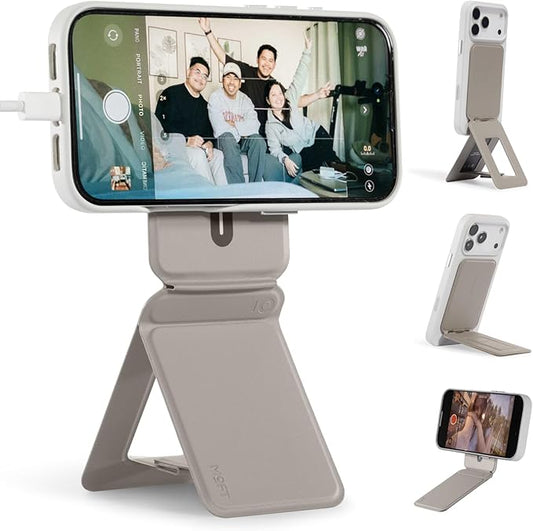 MOFT Phone Tripod Stand Selfie Stick for iPhone, Multi-Angles iPhone Stand, Lightweight & Portable Phone Holder, Strong Magnets, MOVAS Vegan Leather, Travel Essentials, Taupe (Without Card Slot)