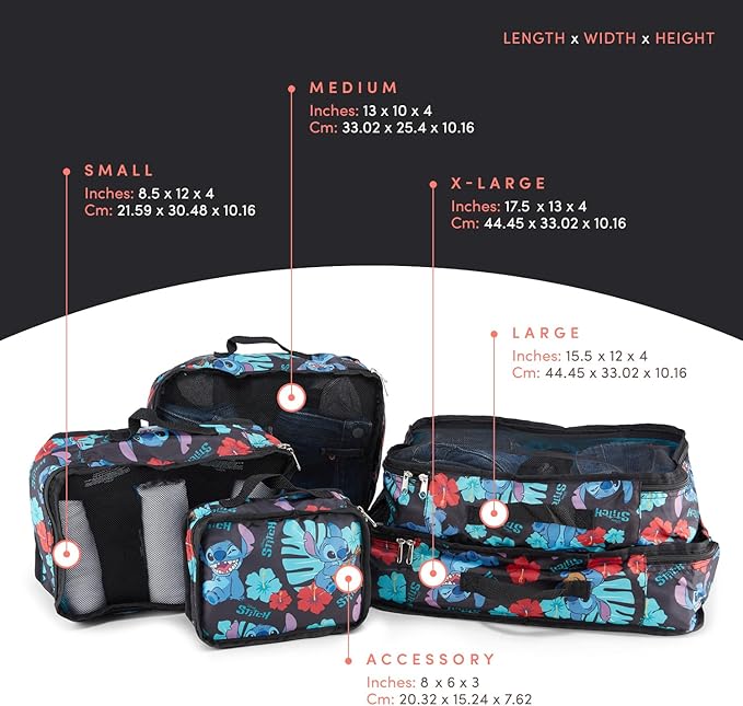 Disney Minnie Mickey Stitch Packing Cubes - Winnie the Pooh, Princess Cinderella, Cars, Toy Story 5 Piece Packing Cubes Compression - Travel Essential - Luggage Suitcase Organizer Set