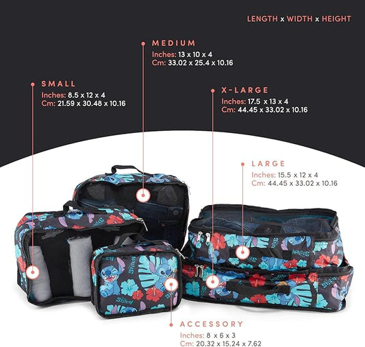 Disney Minnie Mickey Stitch Packing Cubes - Winnie the Pooh, Princess Cinderella, Cars, Toy Story 5 Piece Packing Cubes Compression - Travel Essential - Luggage Suitcase Organizer Set