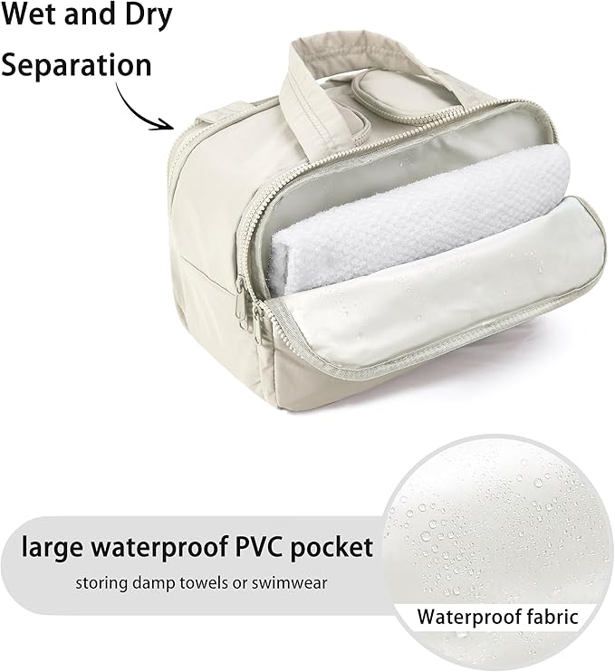 Travel Toiletry Bag for Women, Large Wide-open Puffy Cosmetic Makeup Bag with Wet-Dry Separation, Multi-Pocket Organizer with Carry Handle for Toiletries, Cosmetics, Essentials, Beige