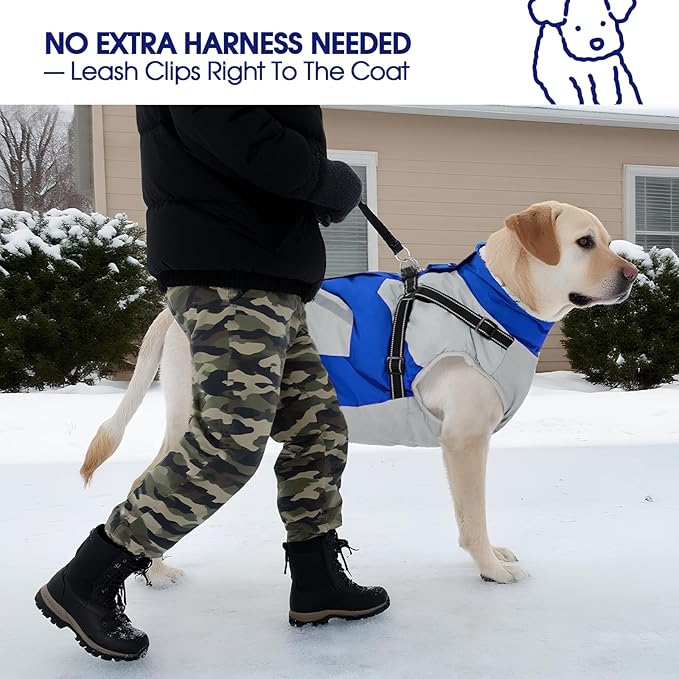 FUAMEY Dog Winter Jackets for Large Dogs,Dog Coat with Harness Built in,Waterproof Dogs Snowsuits Warm Pet Jacket Zip Up Fleece Cold Weather Coats Reflective Puppy Vest with Pocket Blue XL
