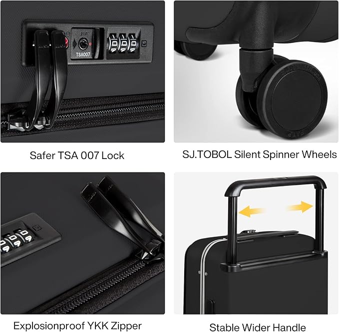 MILADA Wide Handle Luggage with Front Pocket Hardshell Aluminium Check In Suitcase with Wheels Medium 24 Inch Front Opening Checked Luggage with Spinner Wheels TSA Lock Airline Approved Luggage, Black