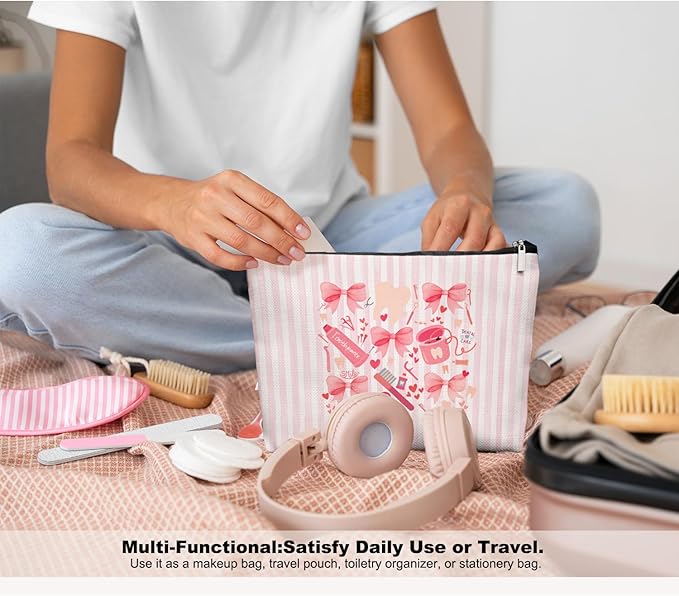 Dental Care Coquette Makeup Bag, Pink Bow Toothbrush Toothpaste Cosmetic Pouch for Dentist, Dental Assistant, Orthodontist, Hygienist