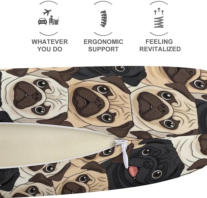 Memory Foam Travel Pillow Chin Head Support Cushion Cute Black Pug Dogs, Washable Removable Cover for Airplane Car Outdoor Sleep