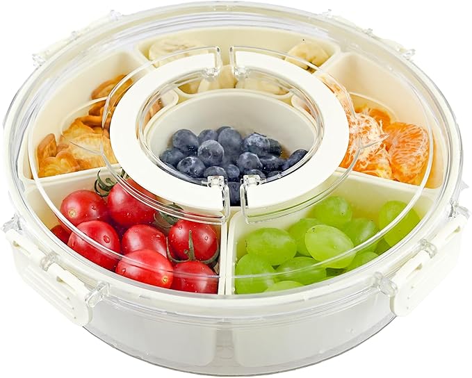 Divided Serving Tray with Lid and Handle，Rotating Snackle Box Container Candy Organizer, Portable Spinning Veggie Tray for Kitchen, Party, Trave and Picnic，Clear Lazy Susan Organizer (white)
