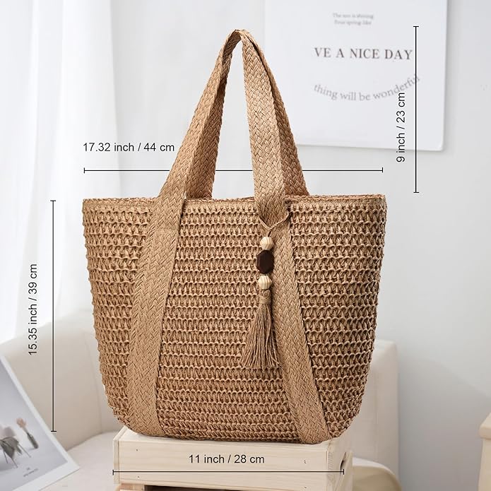 Straw Beach Bags for Women Woven Beach Tote Bag Casual Boho Large Shoulder Handbags Purse for Vacation Holiday