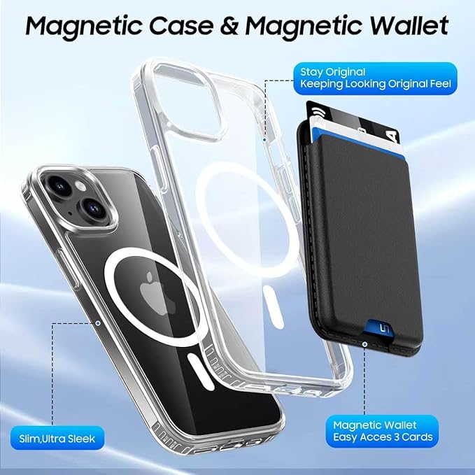 Ntwinro Magnetic for iPhone 15 Clear Case (Compatible with MagSafe) with Black Detachable Wallet & Card Holder for 3 Cards [RFID Blocking] Military Grade Protective Slim Phone Cover