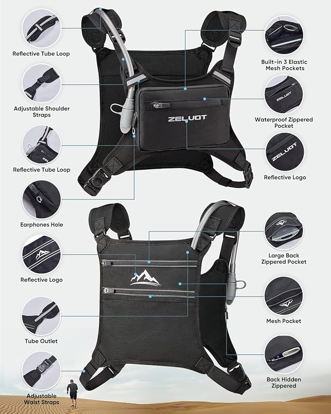 Chest Pack with 1L Water Bladder, USA Original Patent, Lightweight Adjustable Running Vest for Men Women, Reflective Running Hydration Vest for Hiking, Cycling