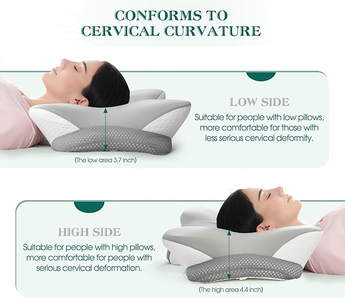 Cervical Pillow for Neck Pain Relief - Ergonomic Memory Foam Contour Pillows with Cooling Cover & Adjustable Heights, Orthopedic Cervical Pillow for Side, Back & Stomach Sleepers (Grey)