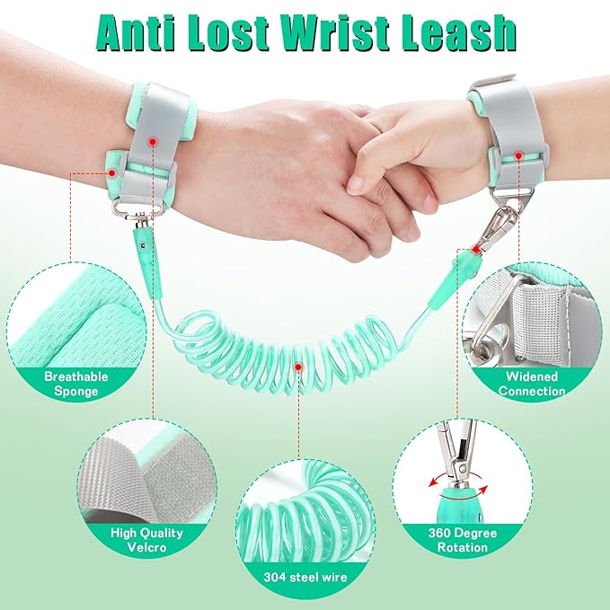 Toddler Leash-Baby Walking Safty Harness and Child Anti Lost Wrist Link for Girls/Boys Travel (Green)