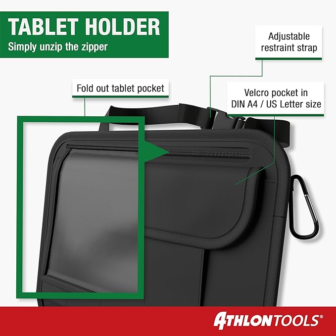 ATHLON TOOLS car seat organizer with integrated tablet holder - Reinforced back - with extra pen pocket - for business and children - Designed in Germany