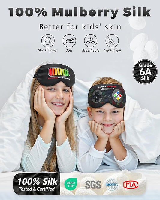 BeeVines 100% Real Mulberry Silk Sleep Mask 2 Pack, Original Design Game Themed Pure Silk Blackout Eye Cover for Adults & Teens, Adjustable Strap, Skin-Friendly Eye Mask, Reduce Puffy Eyes, for Travel