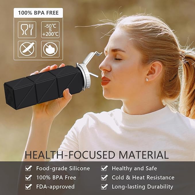 Collapsible Water Bottles with Straw 20.6oz, Silicone Foldable Portable Water Bottle, BPA-Free, Leakproof Reusable for Travel Camping Hiking Cycling Yoga Sports, 1 Pack (Black)