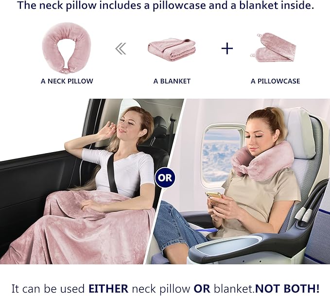 2 in 1 Travel Blanket, Soft Warm Blanket with Cozy Neck Pillow Case, Portable Blanket Set for Airplane, Camping, Car (Dusty Pink)