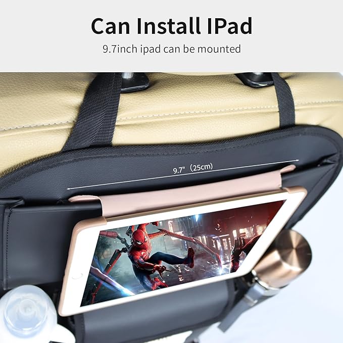 Car Seat Organizers Waterproof Backseat Protector with Storage Pocket Large Leather Kick Mats for Kids Pets Automobile SUV Truck (Black, Large Pocket)