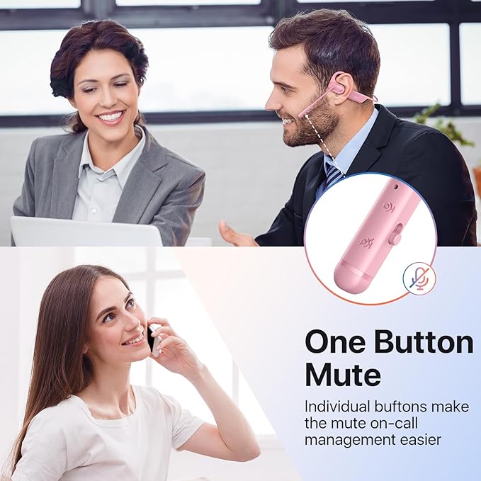 Open Ear Headphones with Mic, 29g Bluetooth Headset, Sweat Resistant,12Hrs, Dual Connect, Wireless Bluetooth Headphones with Noise Cancelling Microphone & Mute, for Work, Workout, Driving, Call, Pink