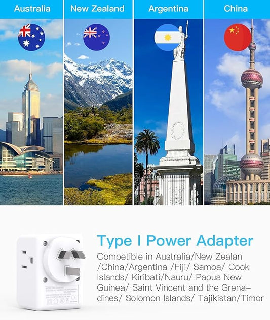 Australia New Zealand Power Plug Adapter, US to Australia Travel Adapter with 3 American Outlets 3 USB Ports (2 USB C), Type I Plug Adapter Travel Essentials for USA to Australia, Argentina, China