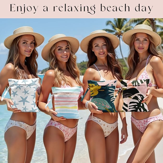 4 Pcs Wet Bag, Waterproof Wet Dry Bag, Aloha Bags Small Laundry Bag, for Swimsuit, Pool, Travel, Beach, Diapers, Dirty Yoga Gym Clothes, Makeup Bags for Travel, Tropical Palm Leaves Decor Jungle