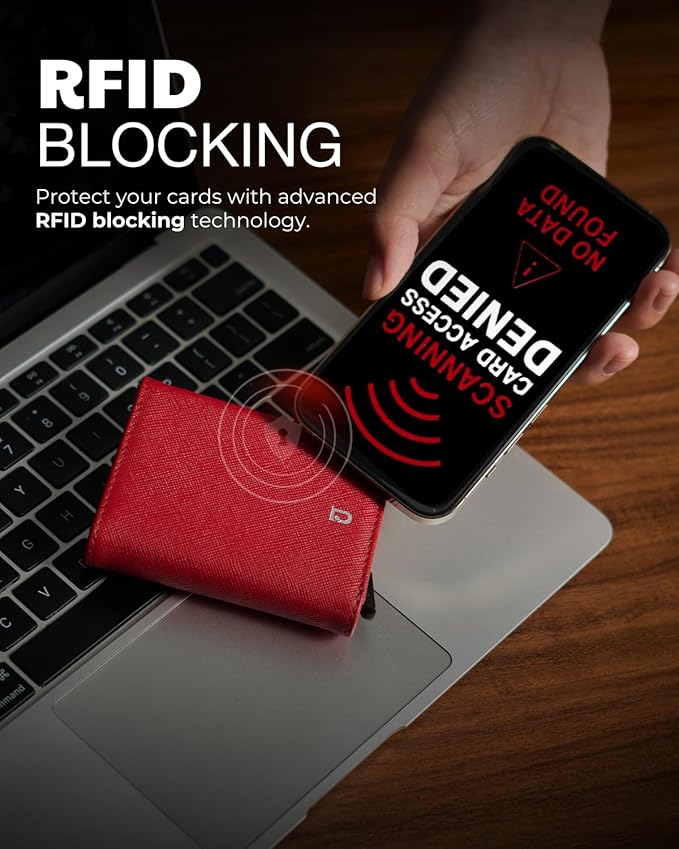 Jenoss Smart Wallet For Men & Women: Full Grain Leather, Handcrafted, Slide Metal Pop Up Case, Slim RFID Blocking Credit Card Holder Minimalist Compact 12 Cards Slot Organizers ID Clip (Red & Silver)