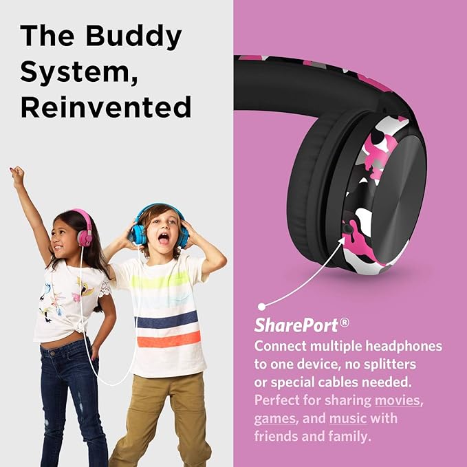 LilGadgets Connect+ Pro Wired Kids Headphones for School with Microphone, Volume Limiting Over-Ear Headset with Cord, SharePort Technology & SoftTouch Padding, Pink Camo