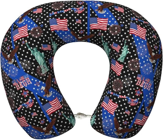 Comfortable Travel Pillow for Pain Relief Sleeping, Memory Foam Airplane Car Neck Pain Pillows Thin Blue Line American Flag and Bald Eagle, Funny Chin Head Support Cushion