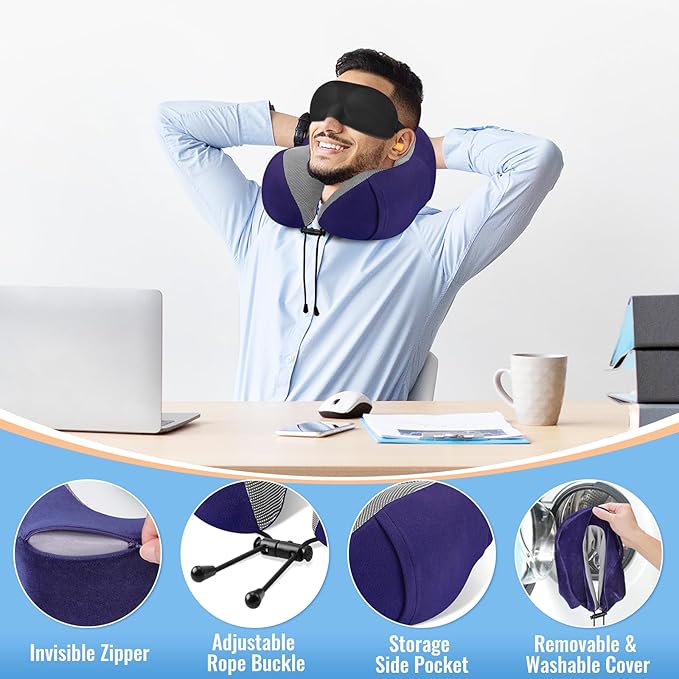 CloudBliss Travel Pillow Premium Memory Foam, Comfortable & Supportive Neck Pillow, Sleeping Neck Pillows for Travel, Airplane Pillow for Sleeping Airplane, Car, Office and Home（Navy）