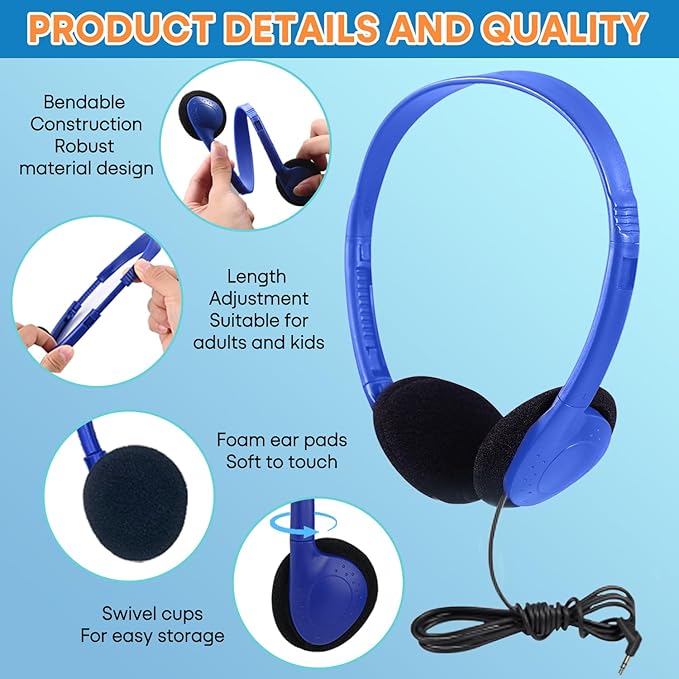 Kids Headphones Bulk 100 Pack for School Classroom Student Children Toddler Boys Girls Teen and Adults, Wholesale Wired Computer Earphones Class Set for Library Museums Airplane (HY857,100 Blue)
