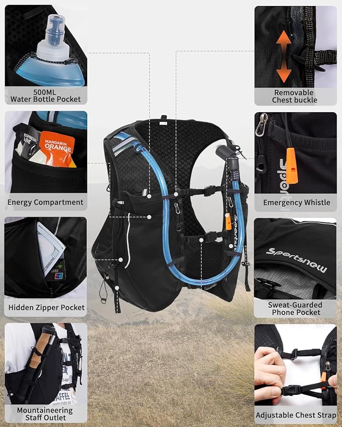Sportsnew Running Vest for Women Men, Lightweight 10L Hydration Backpack with Waterproof Phone Pocket, Hydration Pack with Water Bladder for Hiking Trail