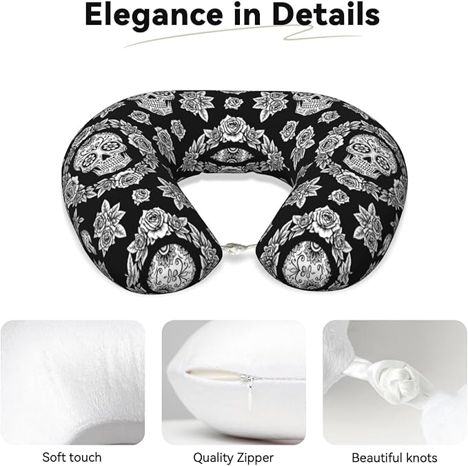 Travel Neck Pillows for Sleeping Rest Car Airplanes Black and White Floral Day of The Dead Mexican Sugar Skulls, Memory Foam with Removable Breathable Zipper Cover Washable for Men Women