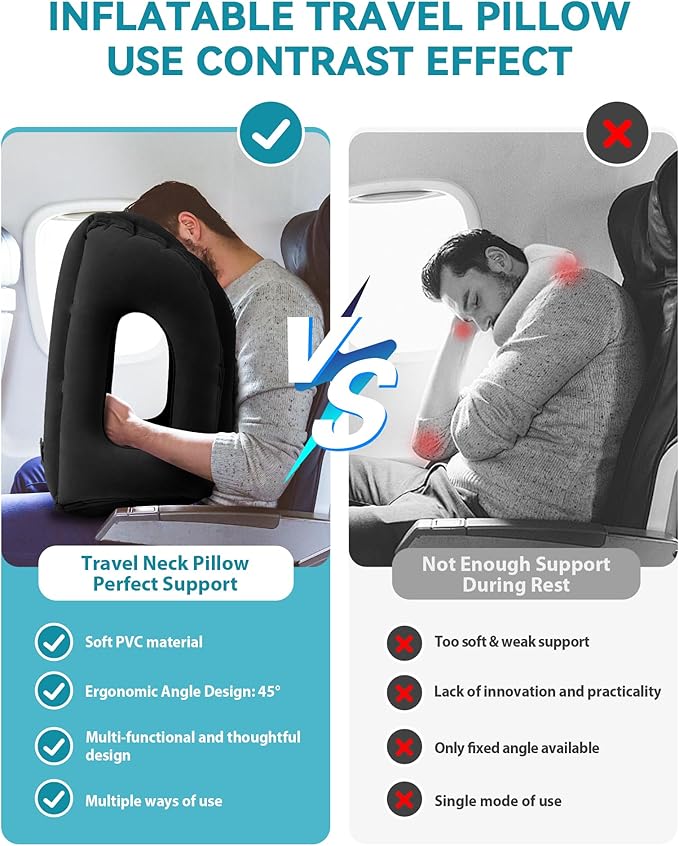 JefDiee Travel Pillow,Inflatable Airplane Pillow for Sleeping to Avoid Neck and Shoulder Pain,Supports Head and Chin Used for Airplane,Car,Bus and Office