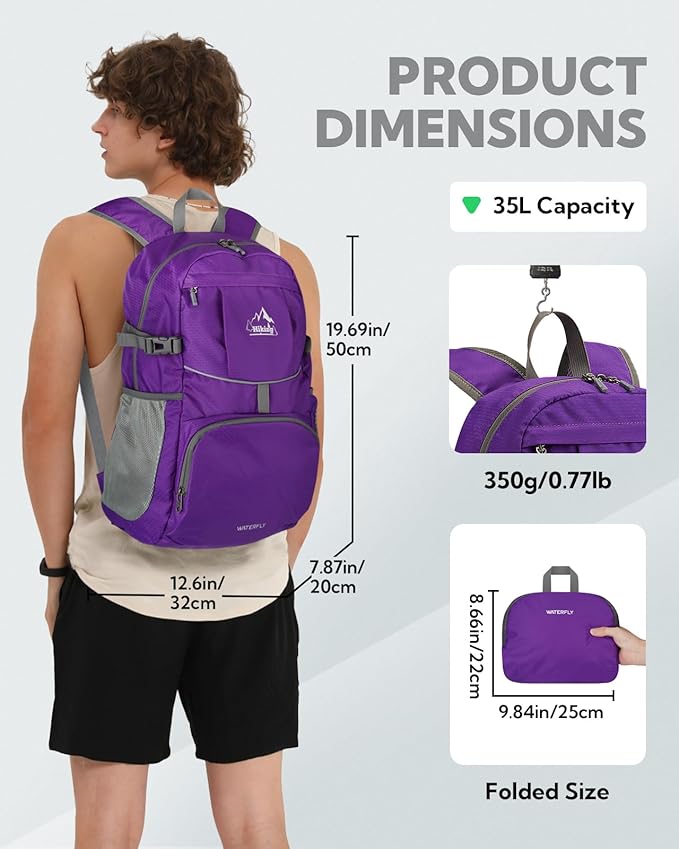 WATERFLY Hiking Packable Daypack Backpack: 35L Ultra Lightweight Day Pack for Woman Man - Large Compact Folding Back Pack for Outdoor Sport Cycling Camping Travel Trip - Purple
