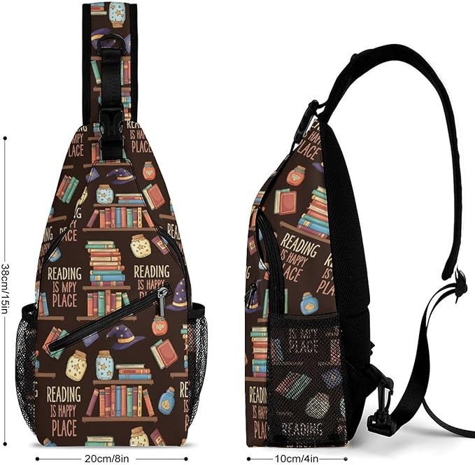 SWEET TANG Fashion Sling Backpack for Men Women, Lightweight Sling Shoulder Bag, Outdoor Chest Crossbody Bike Gym Runner Daypack with Adjustable Strap, Reading Book Is My Happy Place