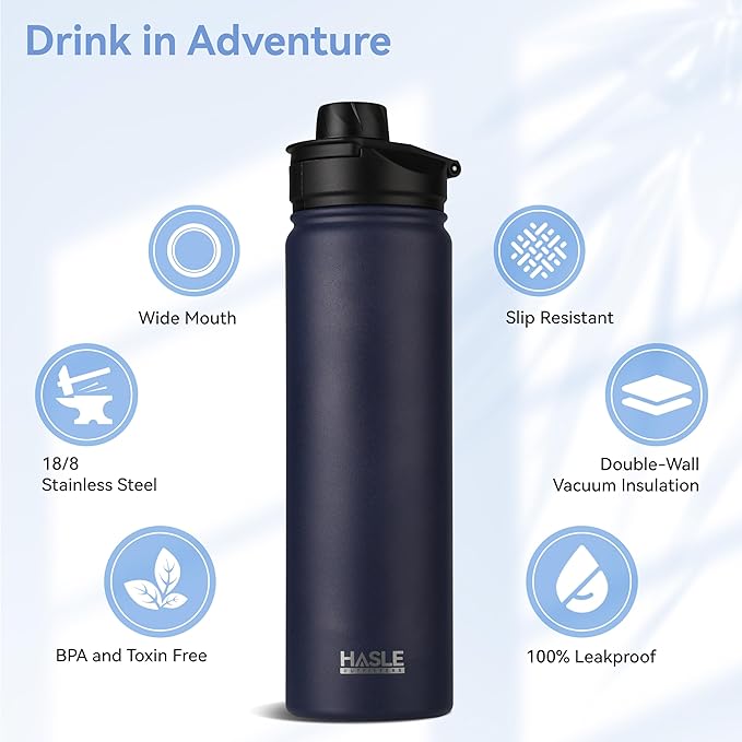 HASLE OUTFITTERS Insulated Water Bottle 22 oz Double Wall Stainless Steel Water Bottle Wide Mouth with Straw Lid & Spout Lid Keeps Cold or Hot(Navy,4)