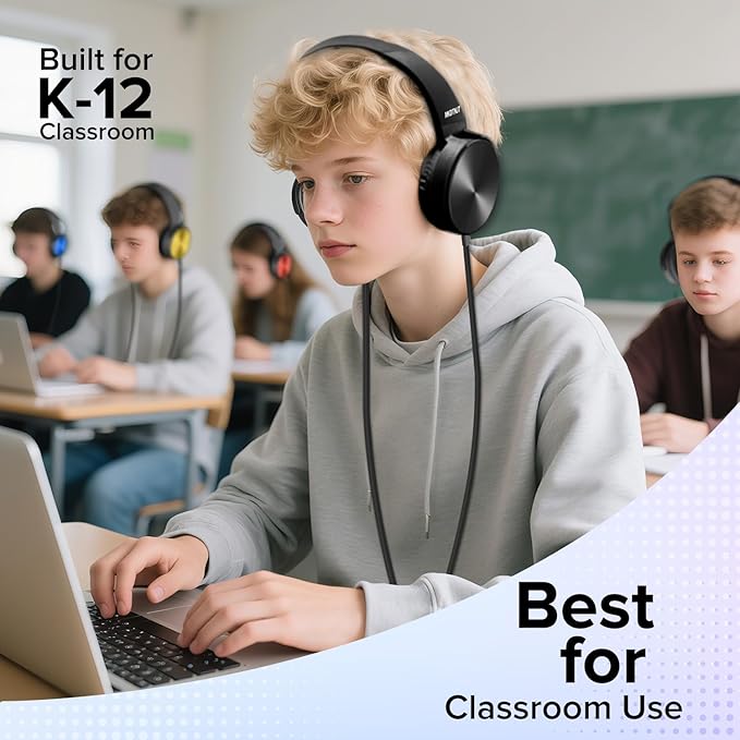 5 Pack Wired Bulk Kids Headphones for School Classroom K-12,On Ear with 3.5mm Jack, 4ft Tangle Free Cable,Ideal for Chromebook,Computer,Laptop (HTC004 Black)