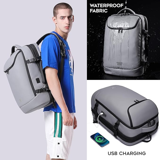 Carry on Backpack Airline Approved for Men, Travel 50L Expandable backpack Luggage Fits 17.3 Inch Laptop with USB Charging Port(grey)