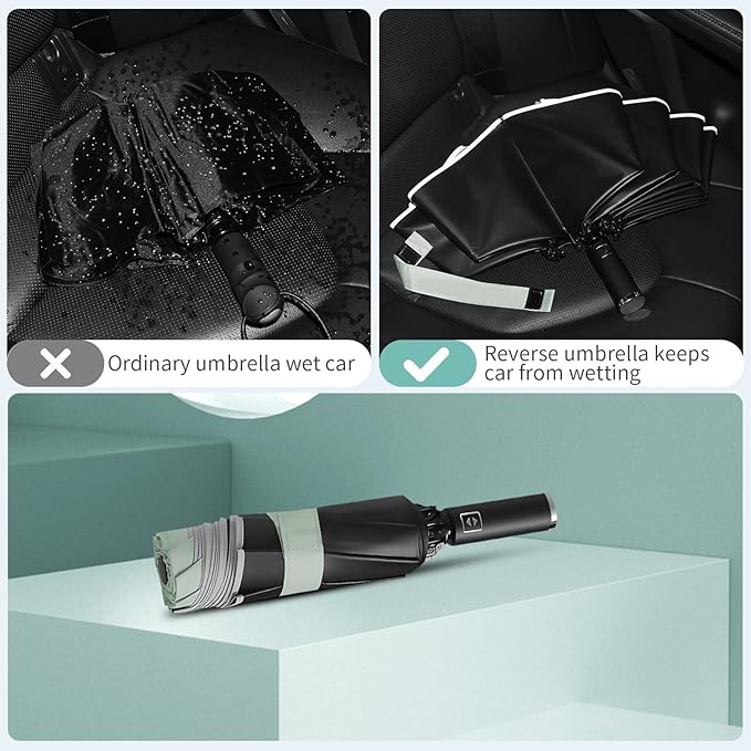 Yoobure Inverted Windproof Travel Umbrella - Automatic Umbrellas for Rain, Compact Folding with Reflective Stripe, Portable Large for Backpack, Lightweight with Sun UV Protection