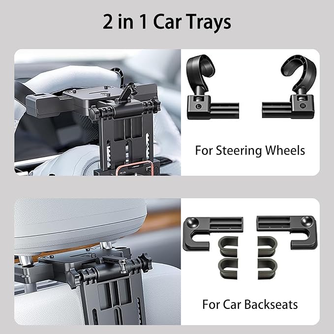 2-in-1 Car Steering Wheel Tray & Back Seat Headrest Tray with Phone Holder, Steering Wheel Desk Food Table for Car Laptop Mount Steering Wheel for Large SUVs, Trucks & Vans