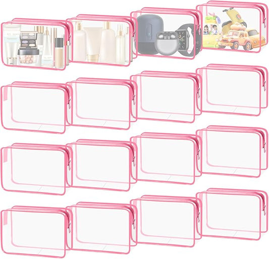 16-Piece Makeup Bags, Waterproof Toiletry Bag Carry Pouch Portable Cosmetic Bag PVCTravel Clear Pouches Carry-on Travel Essentials Transparent Storage Organizer Bag (Rose Pink-M)