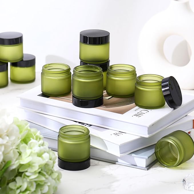 Domensi 32 Pcs 2 oz Glass Jars with Lids Travel Size Round Leakproof Empty Cosmetic Jars with Inner Liners Lid for Storing Makeup Lotions Face Cream Ointments Candle DIY Making (Pea Green)