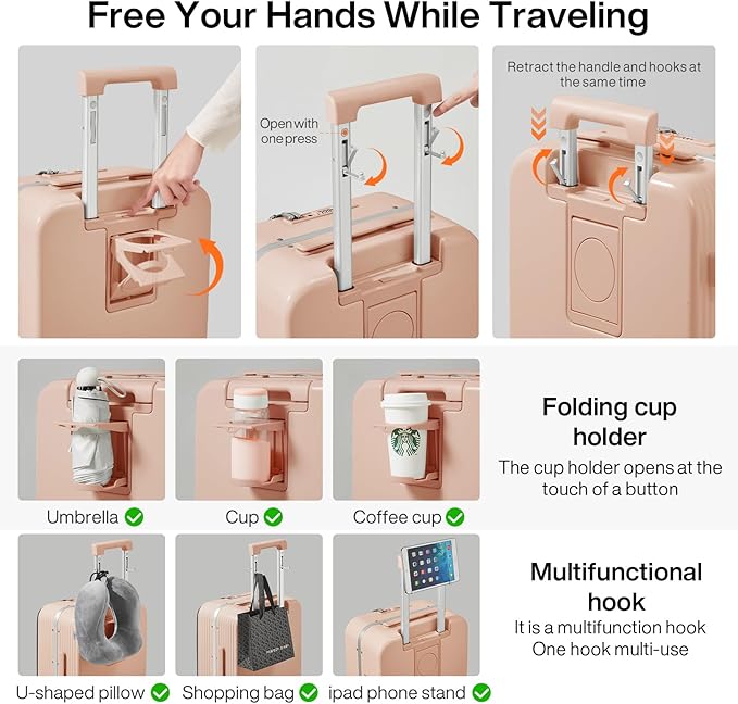 mixi Large Checked Luggage with Cup Phone Holder and Charger Hard Shell Suitcases with Spinner Wheels, 24 Inch Light Pink