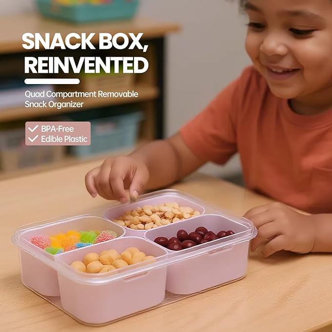 Snackle Box Container, Upgrade Dishwasher,Safe Snack Box for Adult Kids, 4 compartments Plastic Divided Serving Tray with Lid and Handle for Candy, Fruits, Snacks, Nuts,Small,Pink,2 Pack