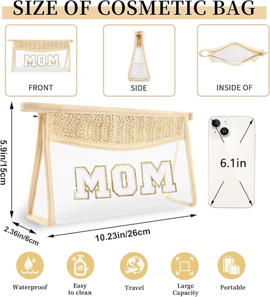 Small Boho Straw Clear Mom Makeup Bags for Women&Girls, Zipper Cosmetic Bag Chenille Varsity Letter Patch Bag, Preppy Cute Toiletry Pouch, Trendy Organizer Storage Bag for Beach Travel Essentials