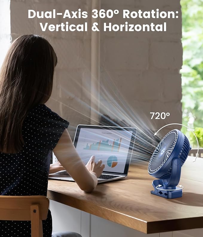 8-inch Clip-on Fan - 12000mAh Portable Rechargeable Battery, 3 Speeds, Strong Airflow, USB, Small Desk, Personal Quiet for Office, Stroller, Bedroom and Camping