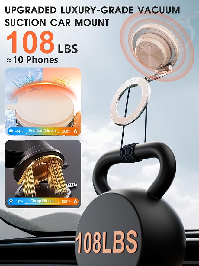 Ultra-Thin Vacuum Magnetic Car Phone Holder for MagSafe[108+LBS Strongest Suction & 3000gf Strongest Magnetic],360°Adjustable Suction Cup Phone Mount for Car,Gym,Mirror,Men Women-Pale Pink