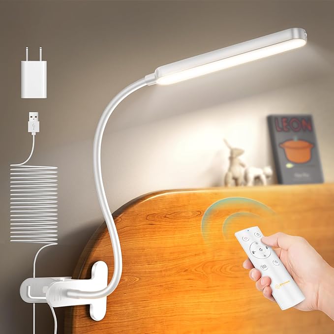 Glocusent 38 LED Clip On Light: 5W Eye Caring Book Lights for Reading at Night - 5 Color & 5 Brightness with a Remote, 30-Min Auto Off Timer, Multi-Purpose Clip Lamp for Bed Reading/Studying/Working