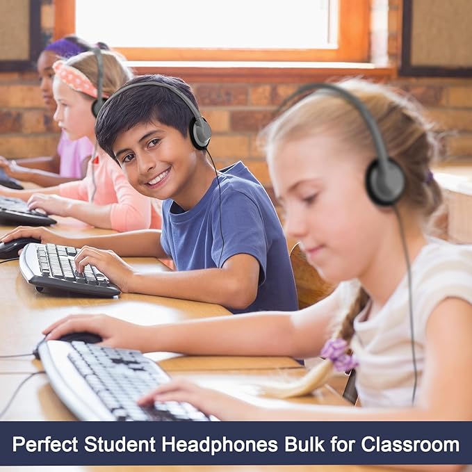 Yunsailing 30 Pack Bulk Headphones Set Over Ear Headphones with Adjustable Headband 3.5mm Plug Headsets Earphones for Learning Program, Computer Lab, Library, Testing & Multimedia Use (Grey)